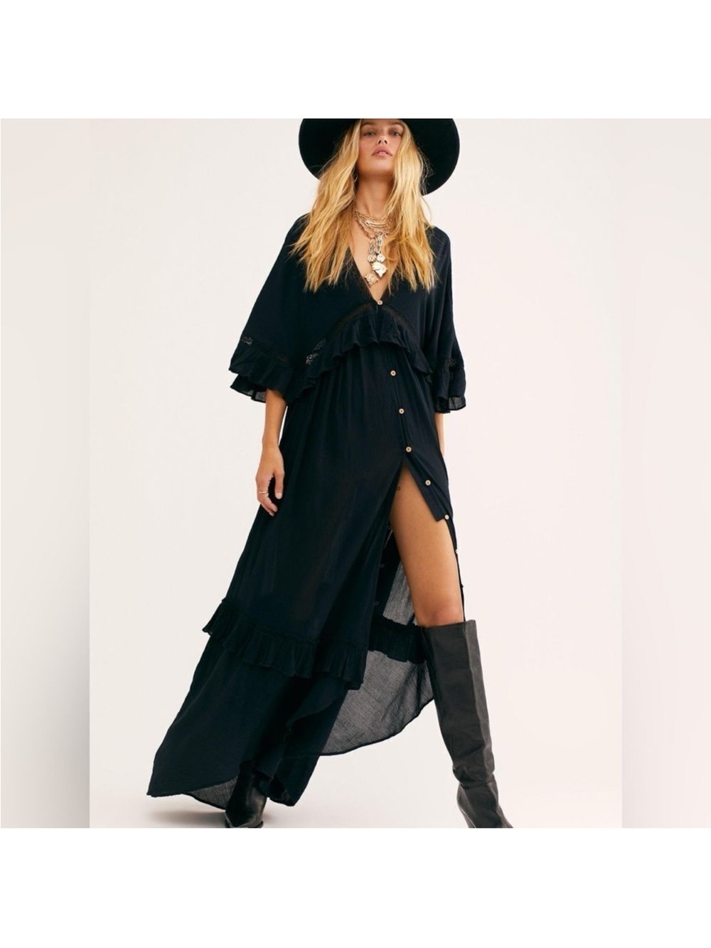 Free People paradiso Black High-Low Ruffle Button Maxi Dress